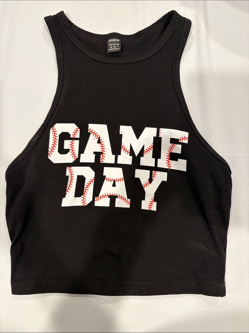SHEIN Black Crop Tank with White & Red Baseball Graphic